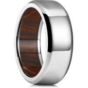 King Will 8mm Silver Black Titanium Ring Inlaid Wood Inner Hole Wedding Band for Men High Polished Beveled Edge Comfort Fit Size 7-14