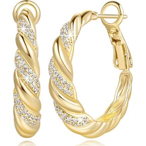 Gold Earrings 14K Gold Hoop Earrings for Women with Cubic Zirconia Mesmerizing Spiral Design Twisted Statement Chunky Hoop Earring for Women Trendy 25/30mm