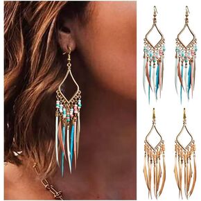 Bead Earrings Set Feather Tassel Gold Boho Ethnic Retro Bohemian Dangle Earring Bead Women Jewelry for Birthday Party Gifts