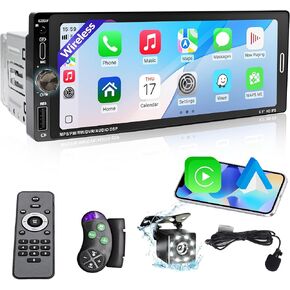 6.9 Inch Single Din Car Stereo Touchscreen Car Radio Wireless Apple Carplay & Android Auto,Mirror Link,FM,EQ,Car Audio Receivcer with USB/Type-C/Aux Input,Mic,Backup Camera