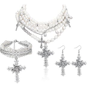 KURTCB Layered Pearl Cross Jewelry Set Statement Chunky Y2k Gothic Pearl Necklace and Earrings Bracelet for Women