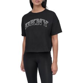 DKNY womens Rhinestone Logo Short Sleeve Cropped Loose Fit T-shirt