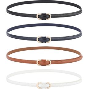 AWAYTR 4 Pack Women Skinny Belt - No Hole Fashion Thin Waist Belt for Dress Jeans Coats with Gold Buckle