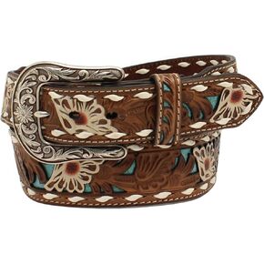 ARIAT Women's White Floral Overlay Turquoise Underlay Belt, Brown, X-Large
