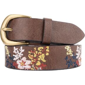 Women's Vegan Leather Belts for Jeans Dresses Pants,1.1" Fashion Ladies Waist Belt with Embroidered Flowers