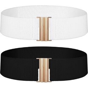 2PCS Wide Belts for Women, Black White Vintage Elastic Stretch Waist Belt Adjustable Plus Size Womens Stretchy Cinch Belt Braided Trimmer Waistband for Dresses, Jeans and Coats