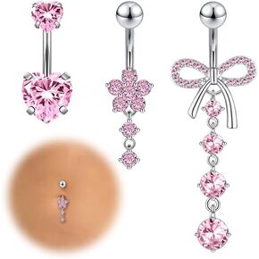 3PCS Belly Button Ring Dangle Stainless Steel Belly Rings 14G 1.6MM Belly Piercing CZ Butterfly Heart Flower Navel Ring Piercing Jewelry Belly Ring for Women