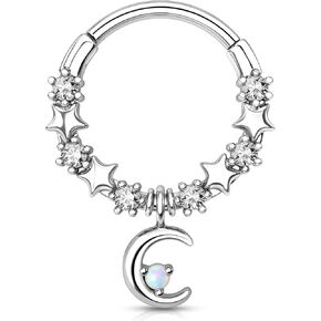 Melighting Septum Rings 16G Moon Septum Jewelry with Opal Clear CZ Surgical Steel 316L Star Helix Earring Dangle Daith Earrings Body Piercing for Women Men