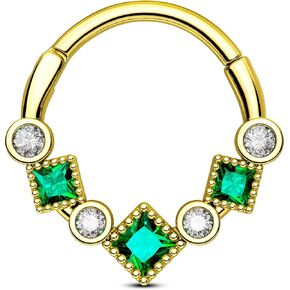 OUFER Gold Septum Ring, 16G Green CZ Septum Piercing Jewelry, 316L Surgical Steel Septum Jewelry, Hinged Segment Daith Helix Cartilage Earrings For Women