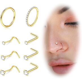 8PCS Nose Stud Titanium Nose Ring, Gold Nose Rings for Women Men Hypoallergenic Nose Hoops L Shape Nose Studs Corkscrew CZ Nose Piercing Jewelry Silver 18G & 20G Nose Rings Studs 2/2.5/3mm