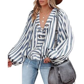 Tankaneo Womens Long Lantern Sleeve Blouses Loose Fit Striped Shirts Casual Lace Up V Neck Tops