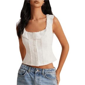 SOLY HUX Women's Button Front Ruffle Scoop Neck Sleeveless Crop Tops Summer Blouse
