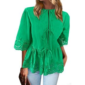 PRETTYGARDEN Tie Front Peplum Tops for Women Summer Y2K Short Sleeve Babydoll Cute Going Out Top Eyelet Blouse Shirt