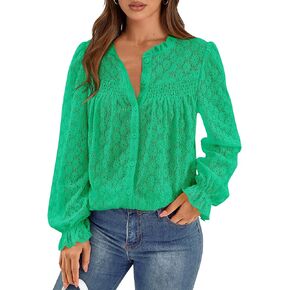 PRETTYGARDEN Lace Long Sleeve Tops for Women Eyelet Blouses Dressy Casual Hollow Out Button Down Shirts Spring Fashion 2025