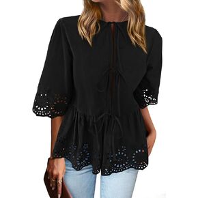 PRETTYGARDEN Tie Front Peplum Tops for Women Summer Y2K Short Sleeve Babydoll Cute Going Out Top Eyelet Blouse Shirt in Kuwait