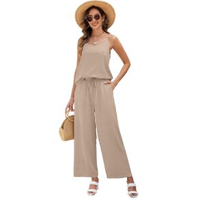 Womens 2 Piece Linen Lounge Set Summer Casual V Neck Tank Top Matching Wide Leg Pants Set Beach Travel Vacation Outfit