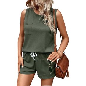 SOLY HUX Women's Plus Size 2 Piece Knit Outfits Sleeveless Crewneck Top with Drawstring Elastic Waist Shorts