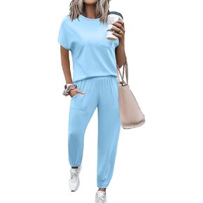 Marvmys Women's Casual Crew Neck Short Sleeve Lounge Set 2 Piece Outfits Travel Tracksuit Pants and Top Loungewear Set