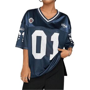 WDIRARA Women's Plus Size Football Jersey Shirts Oversized T Shirt Graphic Letter Print V Neck Short Sleeve Streetwear Top