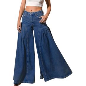 Women Bell Bottom Jeans High Waist Stretch Wide Leg Baggy Flared Pleated Vintage Casual Loose Denim Pants