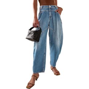 D-Sun Women Baggy Barrel Jeans Wide Leg High Waist Jeans Barrel Denim Pants Boyfriend Y2K