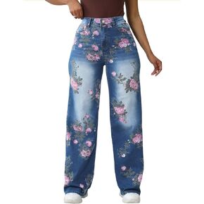 Y2K Floral Printed Wide Leg Baggy Flowers Jeans for Women Stretch High Waisted Straight Leg Butterfly Jeans