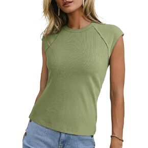 Sidefeel Womens Tops Casual Crewneck Cap Sleeve Tops Ribbed Raw Hem Summer T Shirts Slim Fit Basic Tees Blouses