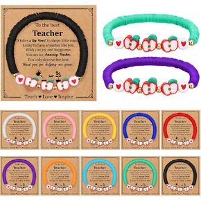 10 Set Teacher Appreciation Bracelet Gifts Bulk for Women Charm Thank You Stackable Clay Beaded Bracelets with Message Card for Back to School Thank You Educator Graduation End of Year