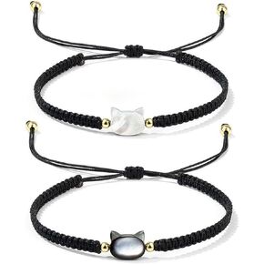 POYAMUSE Cat Bracelets for Women - Lucky Cat Beaded Bracelet Set, Adjustable Kitty Stretch Braided Bracelets for Women
