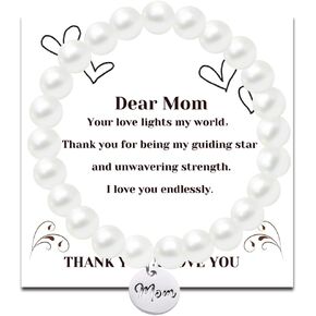 Birthday Gifts for Mom Grandma, Pearl Bracelets for Women, White Stretch Pearl Bracelet with MOM LOVE Letter, 4mm 6mm 8mm Faux Beaded Bracelets for Mother's Day Anniversary