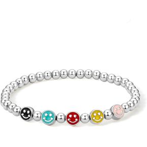 Silver Bead Stretch Bracelets Smiley Face Multi Color Round Beaded Bracelet 6.3inch