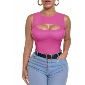 ALGALAROUND Sleeveless Tank Tops for Women Cut Out Front Ribbed Tshirt Crew Neck Casual Shirt
