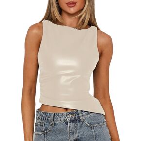 Vivitulip Women's Vaux Leather Ruched Tank Top High Distless Cami Shirt