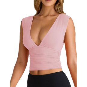 YFANG Women's Sexy Deep V-Neck Ruched Sleeveless Crop Tank Top Stretchy Double Layer Slim Fitted Going Out Crop Top