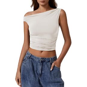 QINSEN Womens One Shoulder Sleeveless Basic Top Double Lined Slim Fit T Shirt Cropped Tee