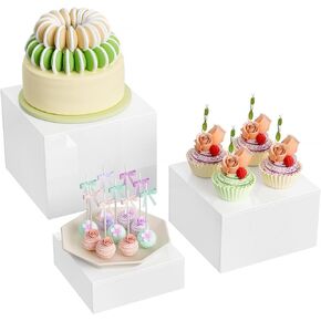 MaxGear 3 Pcs Acrylic Buffet Risers, Food Display Stand for Buffet Table, Dessert Cube Boxes with Hollow Bottoms for Party Food Display, Catering, 6"x7"x8", White