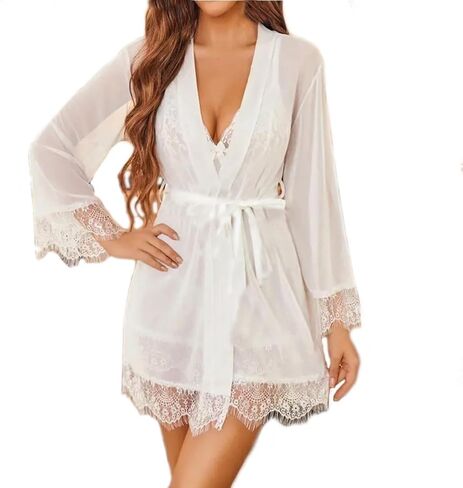 نساء مثيرة الملابس الداخلية مجموعة 3 قطعة Babydoll & Lace Chemise Sleepwear Robe Strap مع Teddy Nightwear Bodysuit in Kuwait