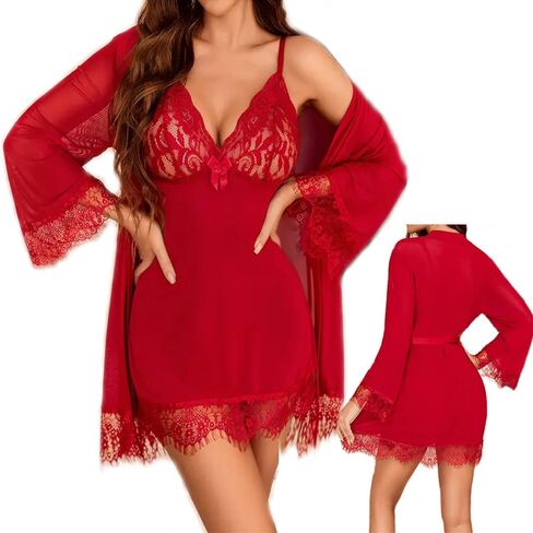 نساء مثيرة الملابس الداخلية مجموعة 3 قطعة Babydoll & Lace Chemise Sleepwear Robe Strap مع Teddy Nightwear Bodysuit in Kuwait