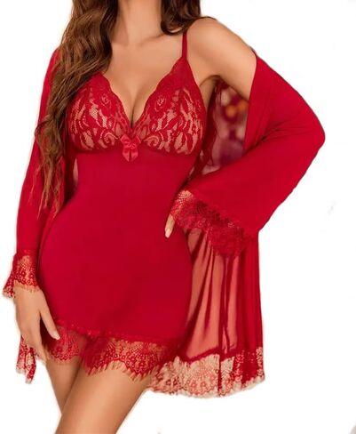 نساء مثيرة الملابس الداخلية مجموعة 3 قطعة Babydoll & Lace Chemise Sleepwear Robe Strap مع Teddy Nightwear Bodysuit in Kuwait