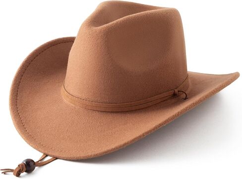 Jastore Kids Boys Girls Wide Brim Western Cowboy Cowgirl Hat with Wind Lanyard Vintage Jazz Felt Fedora Hat in Kuwait