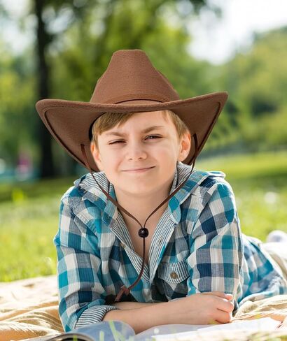 Jastore Kids Boys Girls Wide Brim Western Cowboy Cowgirl Hat with Wind Lanyard Vintage Jazz Felt Fedora Hat in Kuwait