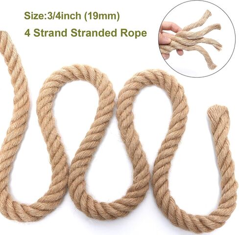 Rope 3/4 Inch 50 Feet Jute Rope, Heavy Duty Jute Rope,Natural Hemp Rope, Twisted Hemp Rope for Crafts, Gardening, Bundling,Hammock, Nautical, Tug of War, Railings, Home Decorating in Kuwait