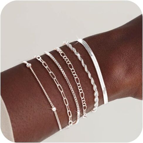 Gold Bracelets Set for Women, 14K Real Gold Plated/Silver Dainty Link Chain Bracelets Ring Hand Chain Charm Stackable Cuban Link Paperclip Bracelet Non Tarnish Jewelry Accessories Gifts in Saudi Arabia
