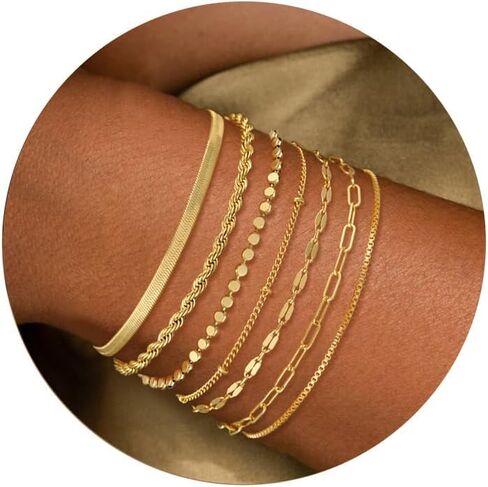 Gold Bracelets Set for Women, 14K Real Gold Plated/Silver Dainty Link Chain Bracelets Ring Hand Chain Charm Stackable Cuban Link Paperclip Bracelet Non Tarnish Jewelry Accessories Gifts in Kuwait