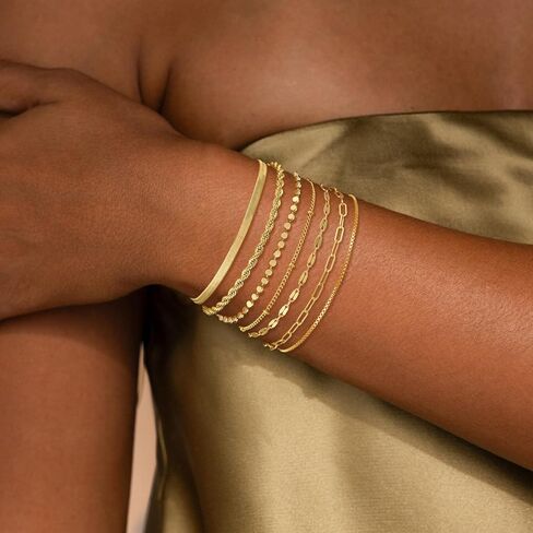 Gold Bracelets Set for Women, 14K Real Gold Plated/Silver Dainty Link Chain Bracelets Ring Hand Chain Charm Stackable Cuban Link Paperclip Bracelet Non Tarnish Jewelry Accessories Gifts in Kuwait