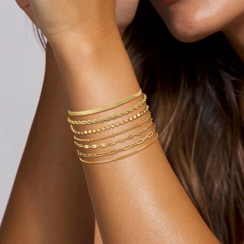 Gold Bracelets Set for Women, 14K Real Gold Plated/Silver Dainty Link Chain Bracelets Ring Hand Chain Charm Stackable Cuban Link Paperclip Bracelet Non Tarnish Jewelry Accessories Gifts in Kuwait