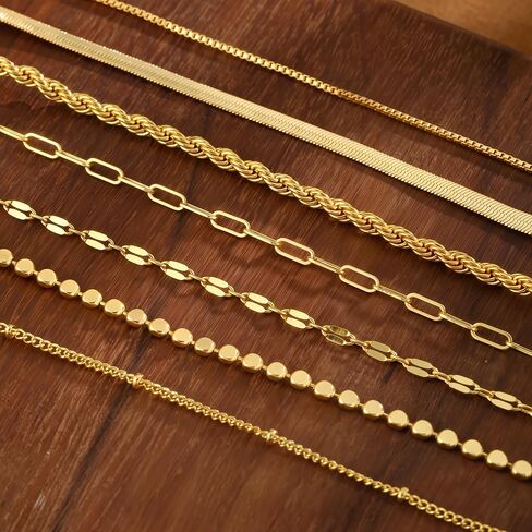 Gold Bracelets Set for Women, 14K Real Gold Plated/Silver Dainty Link Chain Bracelets Ring Hand Chain Charm Stackable Cuban Link Paperclip Bracelet Non Tarnish Jewelry Accessories Gifts in Kuwait