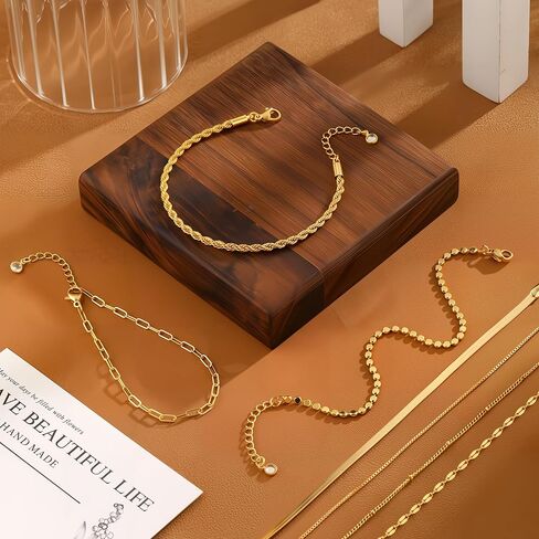 Gold Bracelets Set for Women, 14K Real Gold Plated/Silver Dainty Link Chain Bracelets Ring Hand Chain Charm Stackable Cuban Link Paperclip Bracelet Non Tarnish Jewelry Accessories Gifts in Kuwait