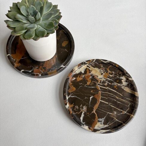 Natural Marble Stone Carving 7.9 inches Round Small Tray Jewelry Trinkets Sundries Storage Dish (Black Brown) in Saudi Arabia
