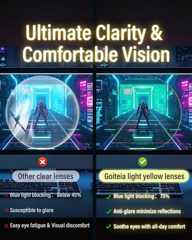 Goiteia Yellow Gaming Blue Light Glasses for Men, Computer Glasses for Long Hours of Gaming, No Eye Strain&Blurry in Kuwait
